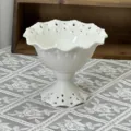 White ceramic footed dessert cup with hollow carved lace edge for ice cream and pudding - Camellia Pattern (Without Wood Base) / 15x13cm