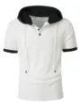 Detail view of men's short sleeve waffle knit hoodie featuring contrast black hood and henley buttons. - S / Tops / White