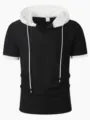 Detail view of men short sleeve waffle knit hooded polo shirt in black with white contrast. - S / Tops / Black