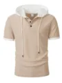 Mens casual short sleeve hooded henley shirt with waffle knit fabric for summer daily wear. - Khaki