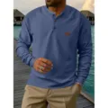 Men solid waffle long sleeve Henley shirt casual button polo top blue autumn fashion - Navy Blue