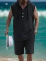 Detailed view of men's casual linen hooded henley vest and shorts set for summer beach. - S / Top And Bottom / Black