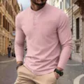 Mens pink waffle knit long sleeve henley shirt with chest pocket casual vintage top - S / Light Pink