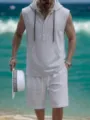 Men summer linen casual two piece set sleeveless hooded henley vest and shorts beach - S / Top And Bottom / Light Gray