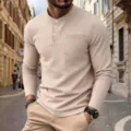 Men's Long Sleeve Waffle Knit Henley Shirt Casual Solid Color Pullover Top with Pocket - Khaki