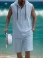 Set estivo casual da uomo in lino senza maniche con felpa con cappuccio e pantaloncini. - Taglia S / Top e Pantaloni / Azzurro