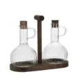 High borosilicate glass oil bottle set with wooden rack and stoppers, perfect for kitchen storage. - 300ml Solid Wood Oil Dispenser Set