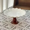 Exquisite ceramic dessert plate with wooden base, retro style detail view for elegant table setting. - Small Wave Pattern With Wood Base / 20x9.5cm