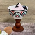 Bohemian style ceramic dessert cup with wooden base, perfect for ice cream or candle display. - 11.5x12cm / Retro Mia Style
