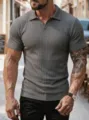 Herren graues geripptes Kurzarm Polo-Shirt Sommer Freizeit Revers schmale Passform Top - S / Grau