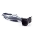 Ergonomic grey BBQ grill cleaning brush with stainless steel bristles and scraper tool. - Color Box