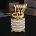 Portaposate dorato di lusso con perle artificiali strass e forchette di cristallo. - Cucchiaio di cristallo (stile perla)