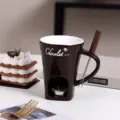 Keramik Schokolade Fondue Tasse Kaese Schmelztopf mit Gabel fuer Kueche und Party Feuer - 101-200ml / Kaffeebraun