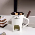 Keramik Schokolade Fondue Tasse Set mit Gabel und Kerzenwärmer für leckeren Käse und Schmelzen. - 101-200ml / Gebrochenes Weiß