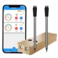Wireless Bluetooth smart meat thermometer with wooden charging base and dual probes. - Double Needle