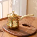 Gold Turkish coffee pot with long wood handle, traditional ornate design for boiling tea. - 550ml (1pc) / Pattern 7 (Gold-Plated)