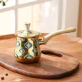 Golden Turkish coffee pot featuring green Middle Eastern pattern and wooden handle cezve cup. - 550ml (1pc) / Pattern 8 (Gold-Plated)