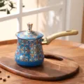 Cafetière Turque Bleue Or Orientale Motif Floral Avec Poignée En Bois Et Couvercle - Motif 10