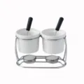 Double ceramic fondue pot set with metal stand and tealight candles for melting chocolate. - White