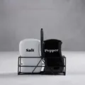 Ensemble de Salière et Poivrière en Céramique Noir Blanc avec Support Métal Cuisine - Pots à épices avec support en fer