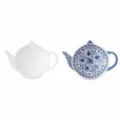 Ceramic teapot shaped tea bag saucer, blue white and pure white variant dish set. - White with Blue Flowers