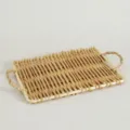 Handgefertigtes Tablett aus Rattan mit Griffen, rechteckiger Korb fuer Brot und Obst. - Rund 30*30cm / Naturfarbe