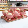 Ceramic ice cream bowl set with tray 6 pcs pink dessert yogurt cups for kitchen home - Set of 6 Cups and 1 Tray / Pink