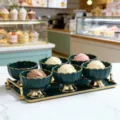 Dark green ceramic ice cream bowl set with gold rim and tray, elegant dessert cup for cafe. - Set of 6 Cups and 1 Tray / Dark Green