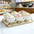 Ceramic ice cream bowl set with golden tray, 6-piece dessert cup for cafe and home use - Set of 6 Cups and 1 Tray / White
