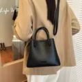 Black leather bucket bag women crossbody handbag stylish tote shoulder bag casual daily purse - Black