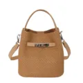 Woven bucket bag for women, stylish top handle shoulder bag with lock closure, tan. - Warm Apricot