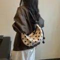 Elegante bolso de hombro con lunares para mujer, bolso bandolera de lona chic con cordón. - Beige Lunares