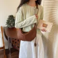 Brown leather crescent shoulder bag, stylish casual crossbody dumpling bag for women everyday use. - Brown