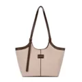 Mujer Lona Tote Bolso de Hombro con Ribete PU Marrón Casual Diario Bolso Mano - Blanco Roto