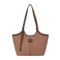 Brown PU leather shoulder tote bag for women large capacity casual commuting handbag - Yellow Brown