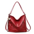 Red convertible women's shoulder bag, stylish casual tote and backpack with zippers. - Burgundy