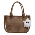 Modische braune Damen Handtasche Eimer Tasche mit süßem Plüsch Anhänger lässige Umhängetasche - Mit Anhänger / Khaki