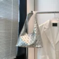 Silver metallic studded hobo shoulder bag, trendy casual underarm bag for women, chic design. - Silver