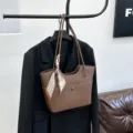 Large capacity PU leather tote bag for women, stylish casual shoulder bag with scarf. - Brown