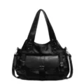 Bolso de hombro vintage de cuero sintético negro gran capacidad bolso tote para mujer diario - Negro
