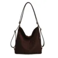 Zaino in camoscio marrone da donna, versatile borsa a spalla convertibile e shopper casual. - Caffè