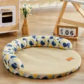 Summer cooling cat bed round woven rattan sleeping mat washable pet sofa for small cats and dogs - Green Floral Print