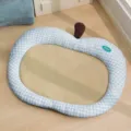 Apple shaped pet cooling mat with blue plaid and woven center for cats and dogs, cozy. - Sea Salt Apple Summer Rattan Mat Style