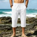 Herren weiße Kordelzug Caprihosen, lässige Strandshorts mit Plissee Bündchen. - S / Weiß