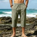 Men's green casual cropped pants detail, summer beach drawstring capris with pleated cuffs. - S / Army Green