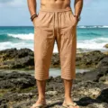 Herren Freizeit Leinen Capri Shorts Kordelzug Bund Falten Saum Sommer Strand Urlaub. - S / Erdgelb