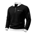 Herren lässiger Waffelstrick Viertelreißverschluss Stehkragen Sweatshirt schwarzes Oberteil - S / Oberteile / Schwarz