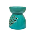 Turquoise ceramic essential oil burner with leaf cutout design for aromatherapy and home decor. - Lake Blue