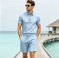 Outdoor detail shot of men's summer linen short sleeve polo shirt and matching shorts outfit. - Sky Blue