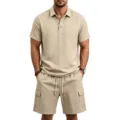 Herren Freizeit Leinen Kurzarm Polohemd und Cargo Shorts Set Detailansicht, khaki. - S / Oberteil und Unterteil / Khaki